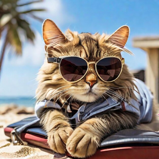 Foto een kat met modieuze zonnebril ligt op het dak op het strand.