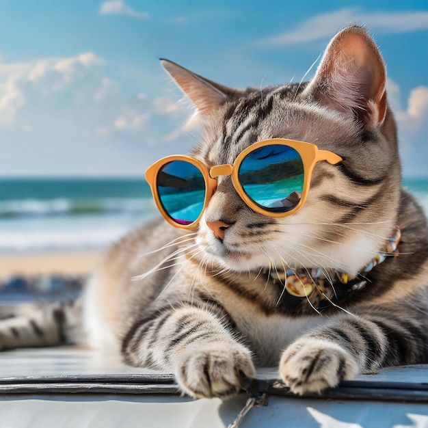 Een kat met modieuze zonnebril ligt op het dak op het strand.