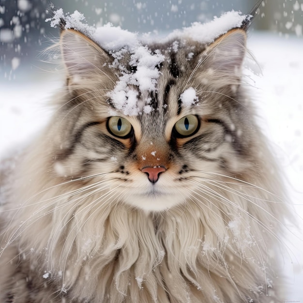 Een kat met sneeuw op zijn kop