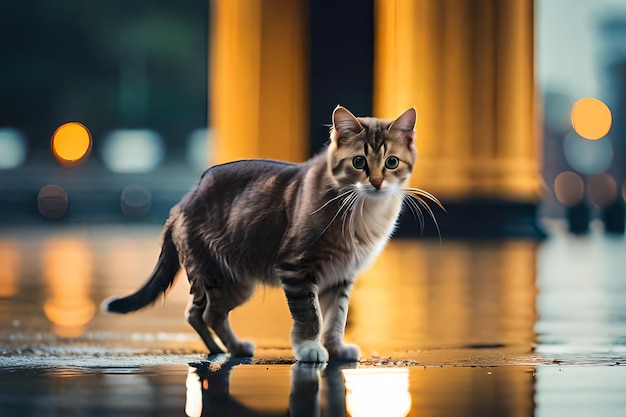 een kat met witte snorharen loopt op een natte vloer.