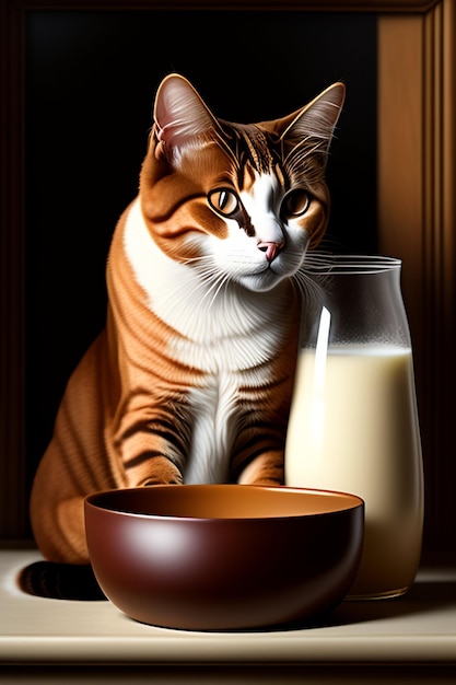 Een kat naast een glas melk naast een kom melk.