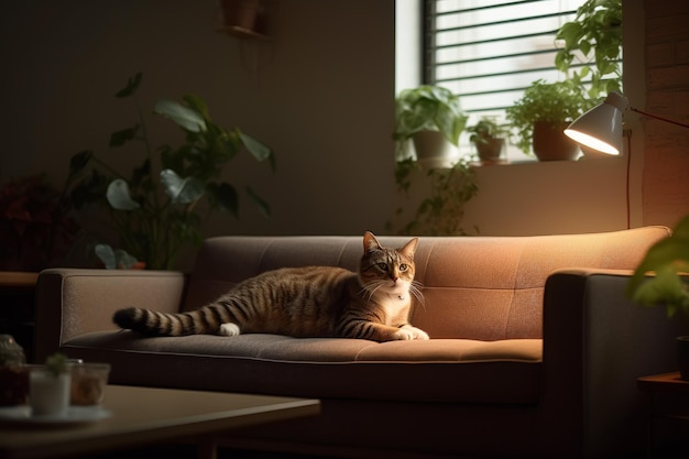 Een kat ontspant op een zachte bank in een knusse woonkamer en koestert zich in het zachte, natuurlijke licht dat de ruimte verlicht Generatieve AI