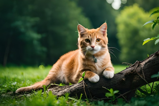 Een kat op een boomstam in het gras