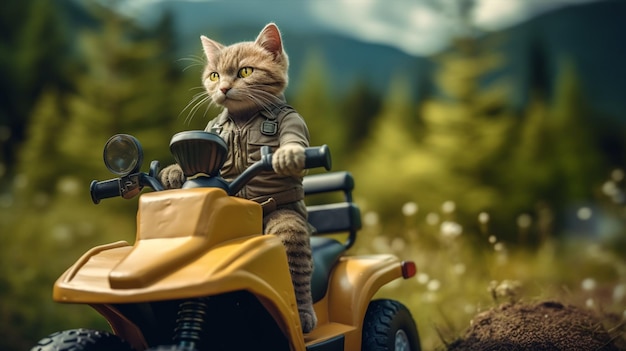 Een kat op een gele tractor