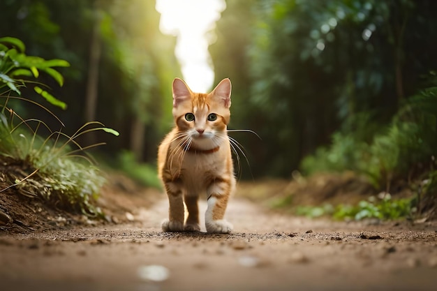 Een kat op een pad in het bos