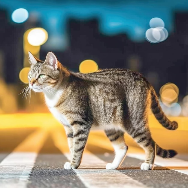 Een kat op straat 's nachts