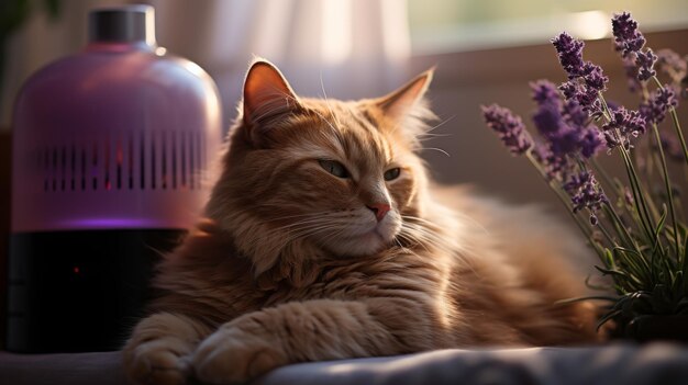 Een kat op tafel naast een bloemenvaas