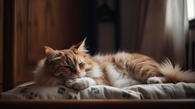 Een kat slaapt op een bed met zijn ogen dicht.