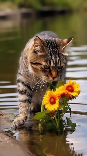 Een kat snuift aan een bloem in het water.