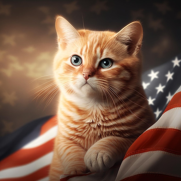 Een kat staat naast een Amerikaanse vlag.