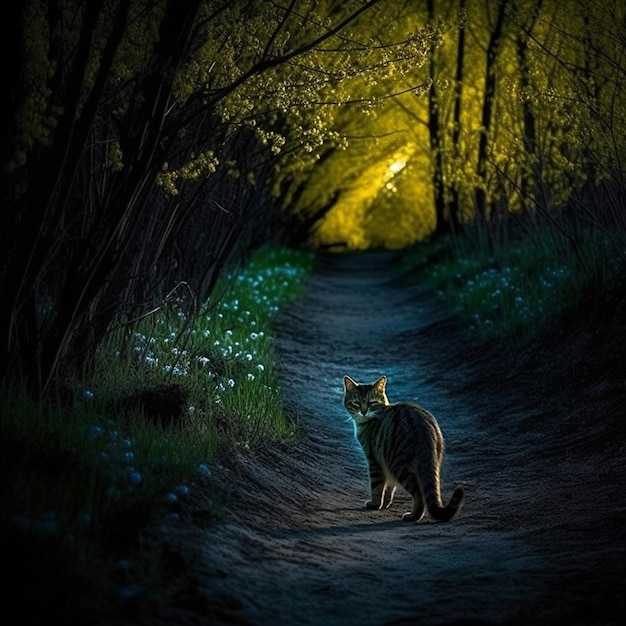 een kat staat op een pad in het bos.