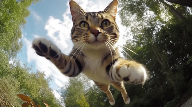 Foto een kat vliegt in de lucht met de cameralens op de camera gericht.