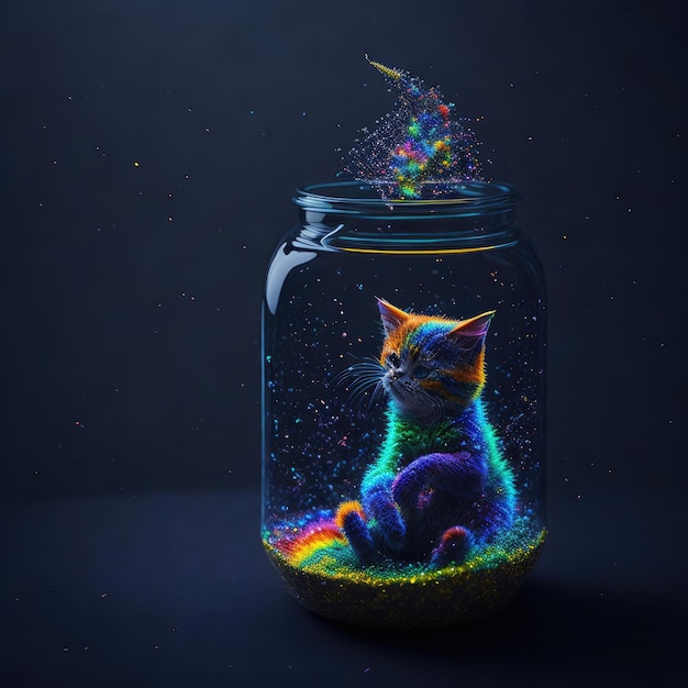 Een kat wordt omringd door een pot met een regenboog erop