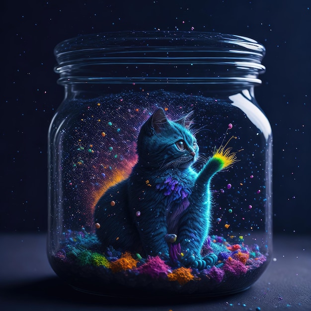 Een kat wordt omringd door een pot met een regenboog erop