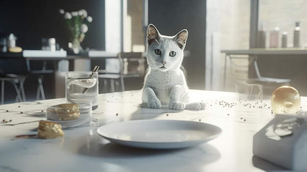 Een kat zit aan een tafel met een bord kaas en een glas water.