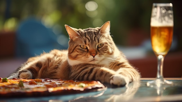 Een kat zit aan een tafel met een pizza erop