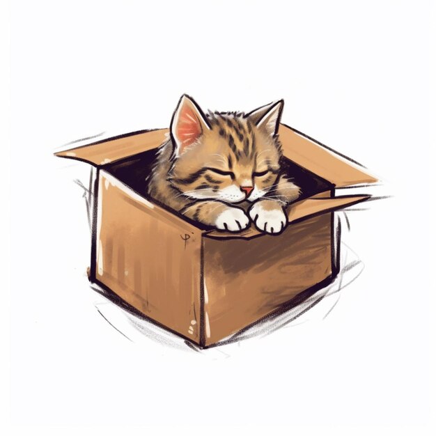 Een kat zit in een doos en kijkt naar iets.