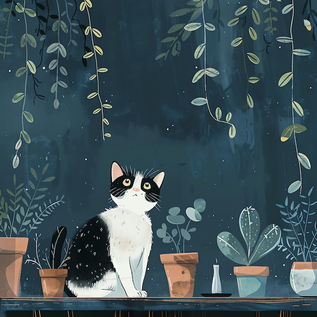 een kat zit in een pot met planten op de achtergrond