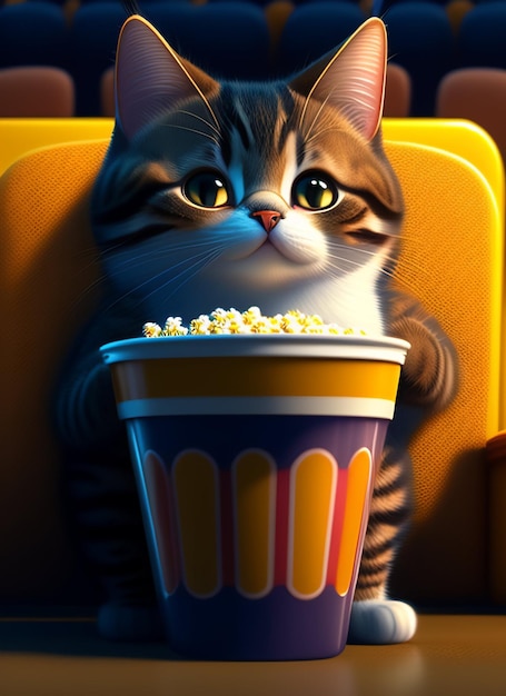 Een kat zit in een stoel en eet popcorn.
