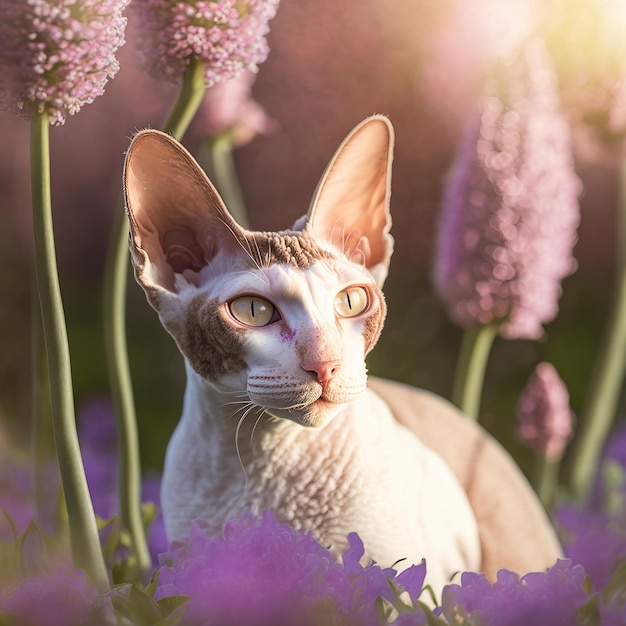 Een kat zit in een veld met paarse bloemen en de zon schijnt.