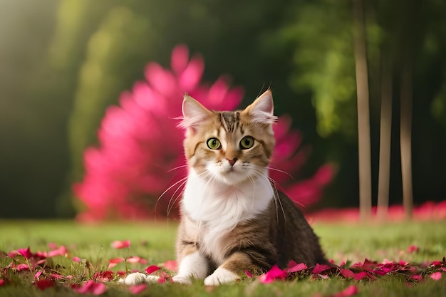 Een kat zit in het gras met roze bloemblaadjes op de grond.