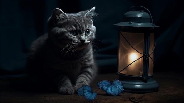 Een kat zit naast een lantaarn die zegt 'het licht is een vlinder' generatieve ai