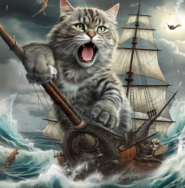 Een kat zit op een boot in een storm