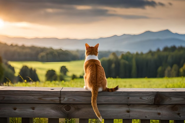 Een kat zit op een hek en kijkt naar een bergketen.