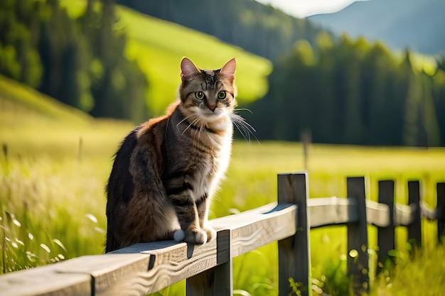 Een kat zit op een hek voor een veld met groen gras.