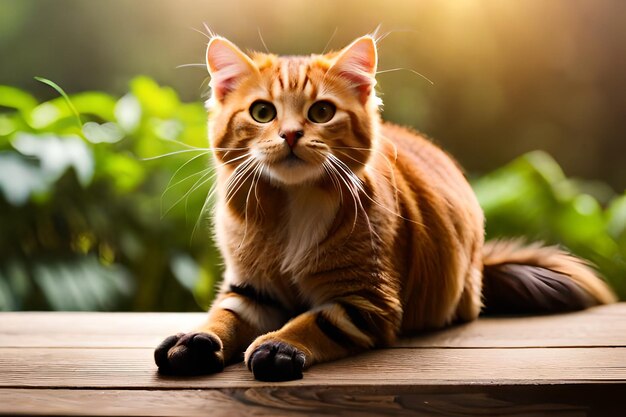 een kat zit op een houten tafel in de zon.