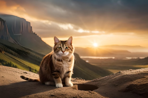 Een kat zit op een klif voor een zonsondergang.