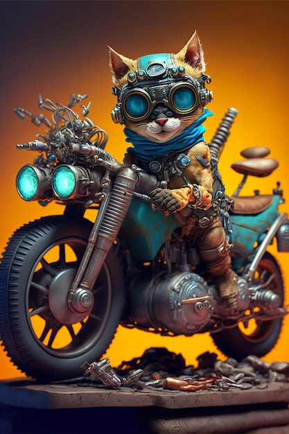 Een kat zit op een motorfiets met een blauwe sjaal