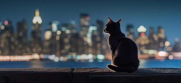 een kat zit op een muur en kijkt uit op de skyline van de stad.