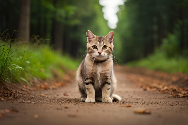 Een kat zit op een onverharde weg in het bos.