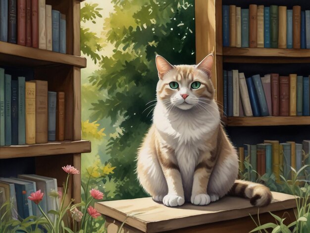 een kat zit op een plank met boekenplanken op de achtergrond