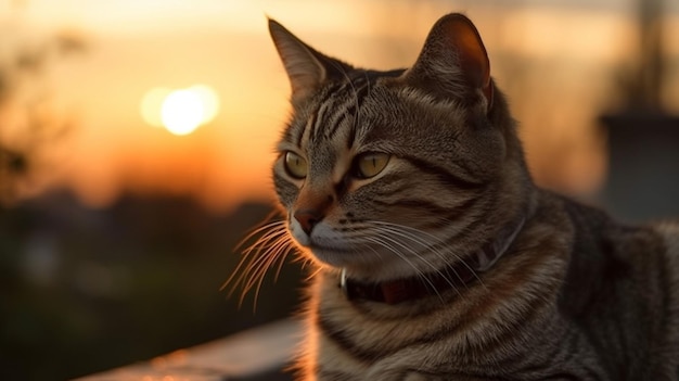 Een kat zit op een reling voor een zonsondergang