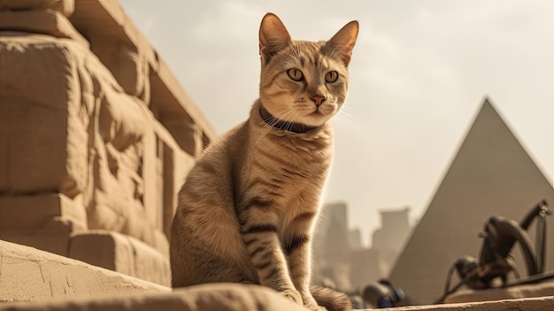 Een kat zit op een richel voor de piramides van Gizeh.