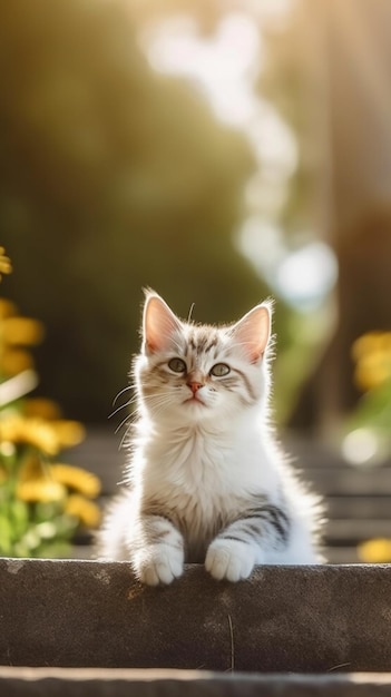 Een kat zit op een richel voor een bloemenveld.