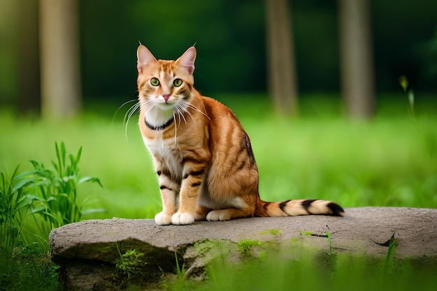 Een kat zit op een rots in een veld