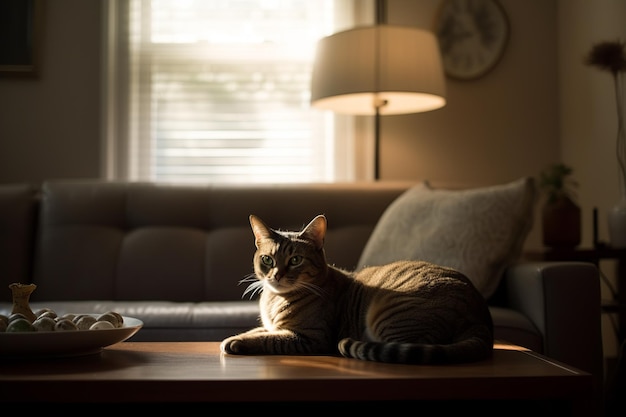 Een kat zit op een salontafel voor een raam.