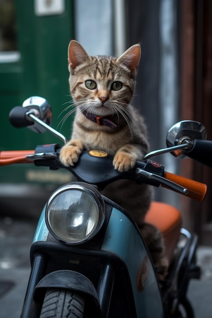 Een kat zit op een scooter met een kaartje eraan.