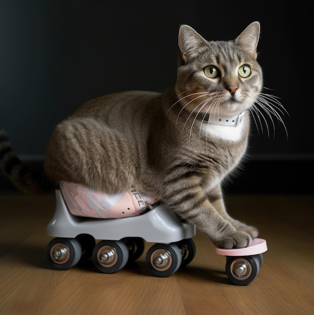 Een kat zit op een speelgoedauto die roze en wit is.