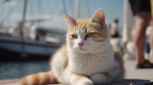 Een kat zit op een steiger voor een boot