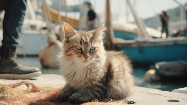 Een kat zit op een steiger voor een boot