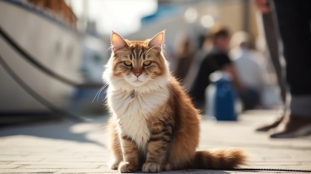 Een kat zit op een steiger voor een boot