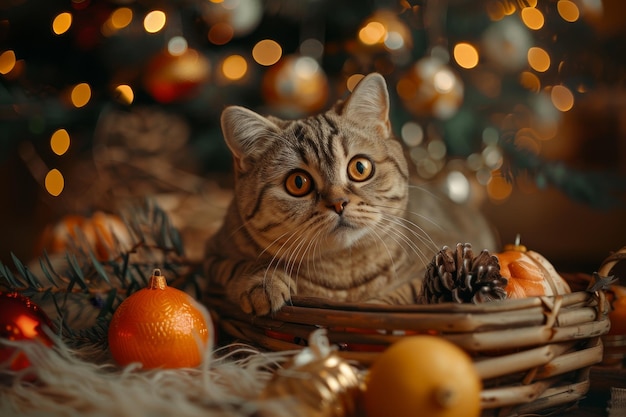 Een kat zit op een tafel met kerstversieringen.