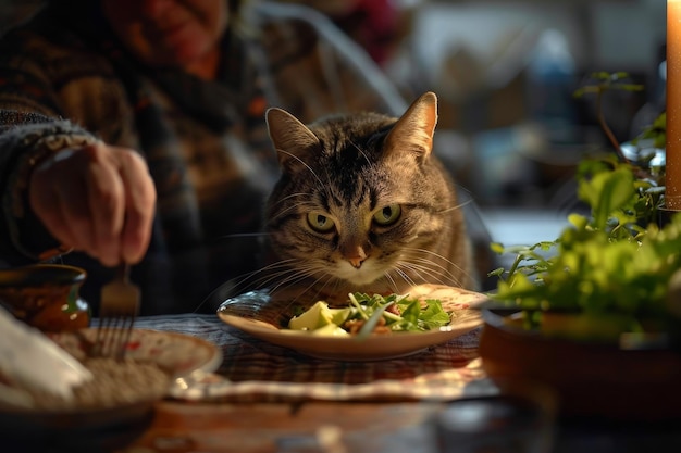 Foto een kat zit op een tafel naast een bord met eten.