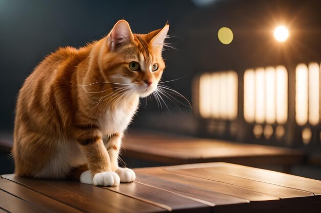 Een kat zit op een tafel voor een brandende open haard.