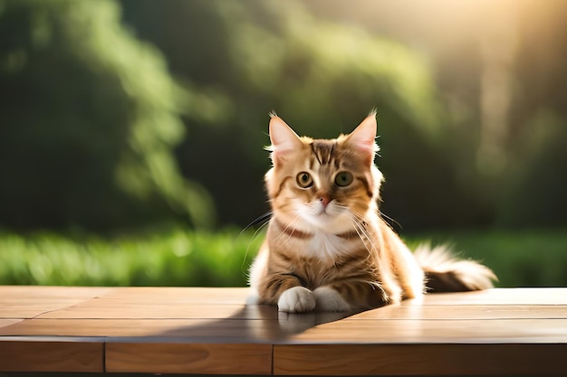 Een kat zit op een tafel voor een groene achtergrond