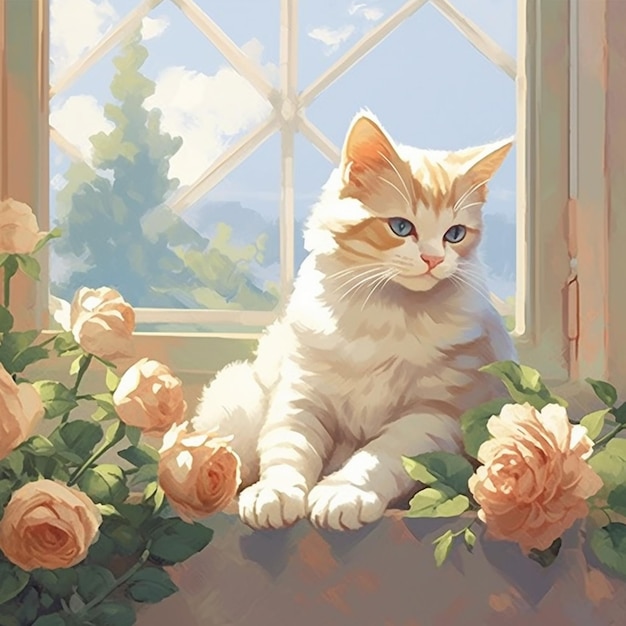 Een kat zit op een vensterbank met bloemen erop.